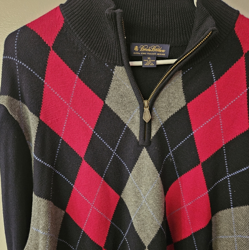 Brooks Brothers Men's Zip-Up Argyle Sweater - Red, Gray, and Black - Picture 5 of 5